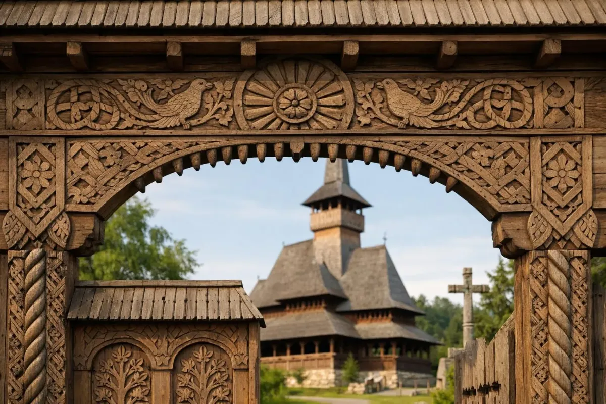 Ornate wooden archway leading to a historic wooden church.