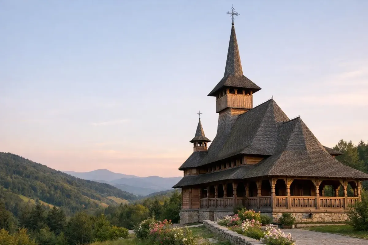A wooden church with a tall steeple in a mountainous landscape.