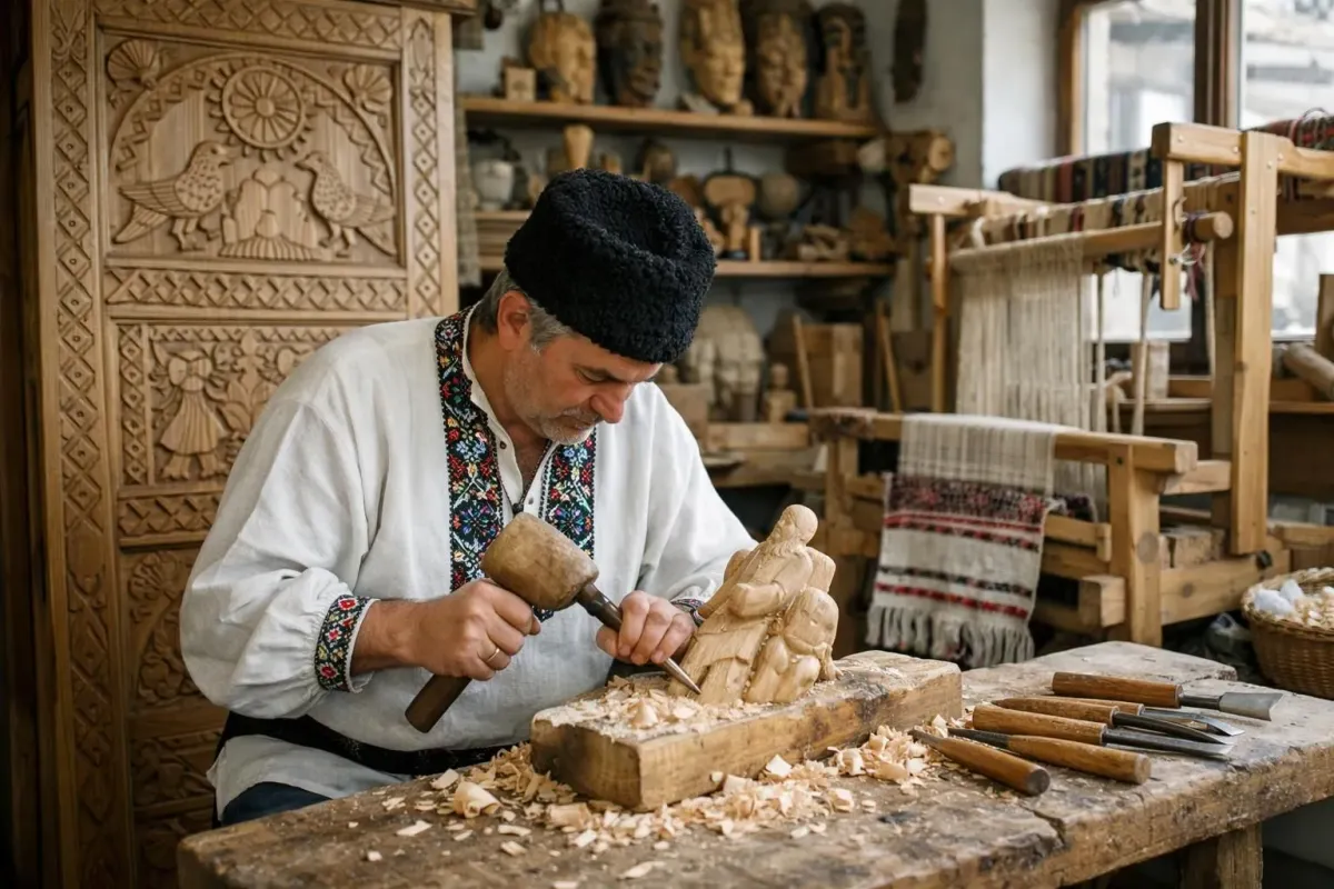 A man carving wood in a traditional workshop.