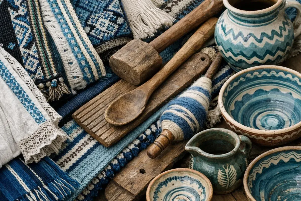 Handcrafted textiles, pottery, and wooden utensils in shades of blue.