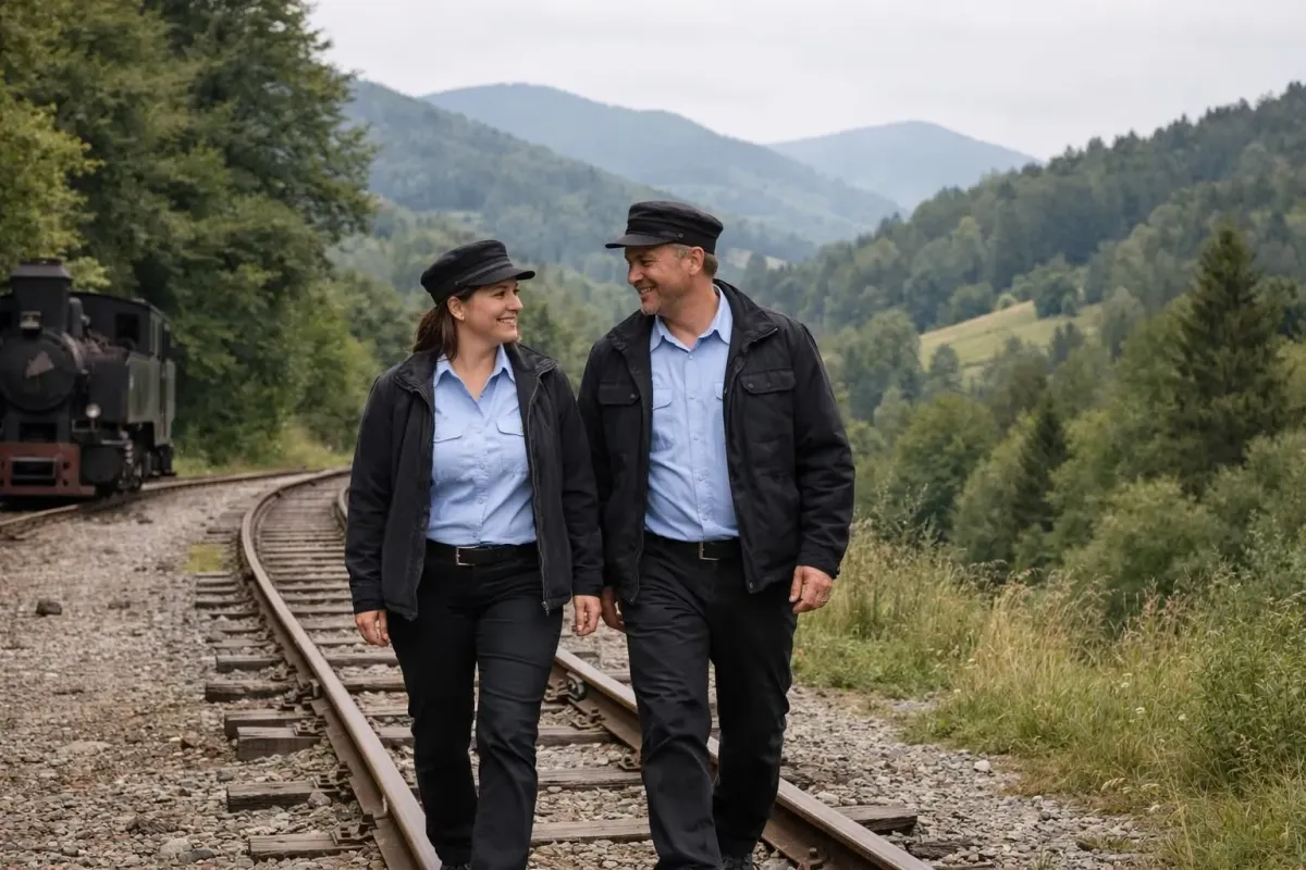 Two people walking on railroad tracks in a mountainous landscape.