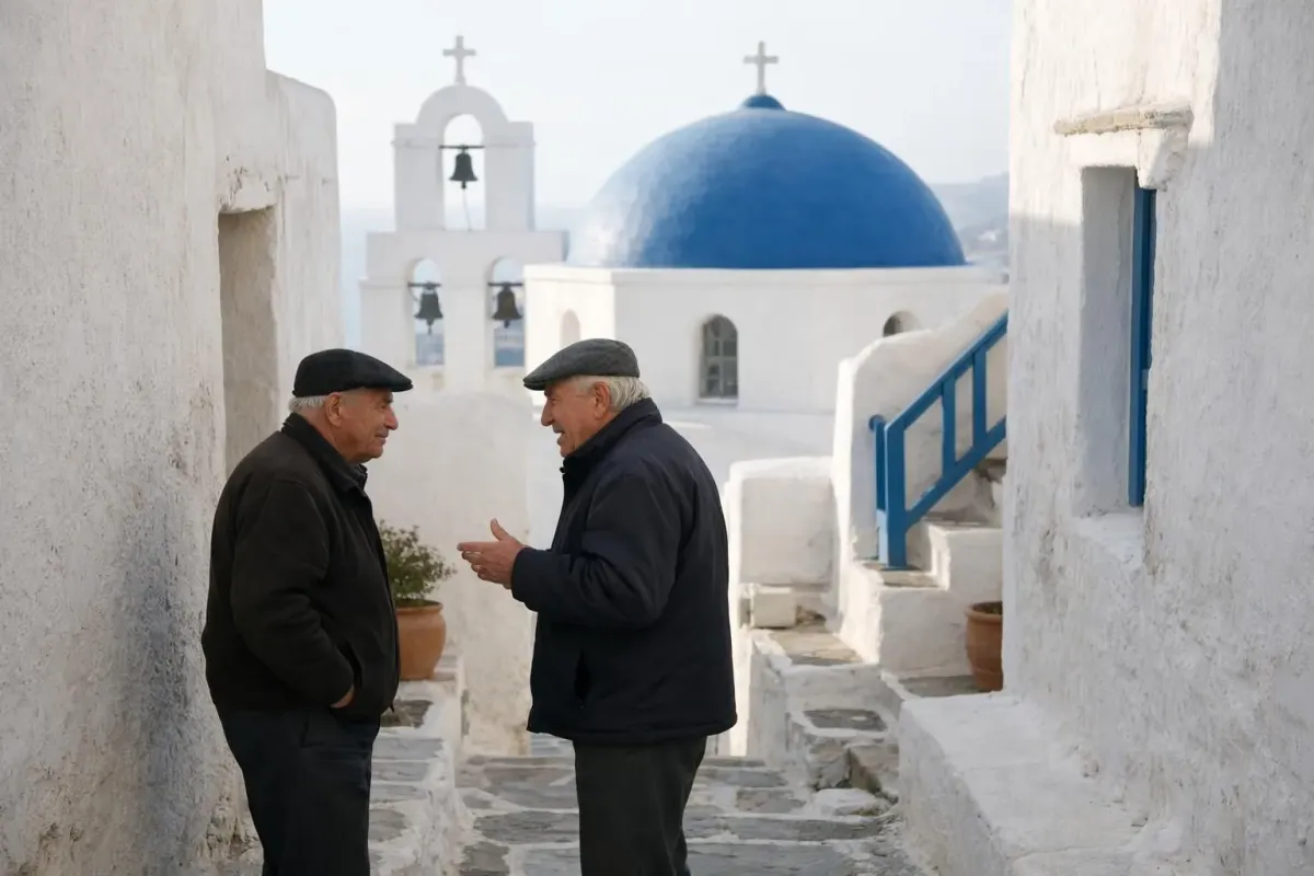 Traditional white-washed Greek village with blue-domed church overlooking calm Aegean Sea under soft winter sunlight, without tourists, showing authentic Mediterranean architecture and peaceful atmosphere