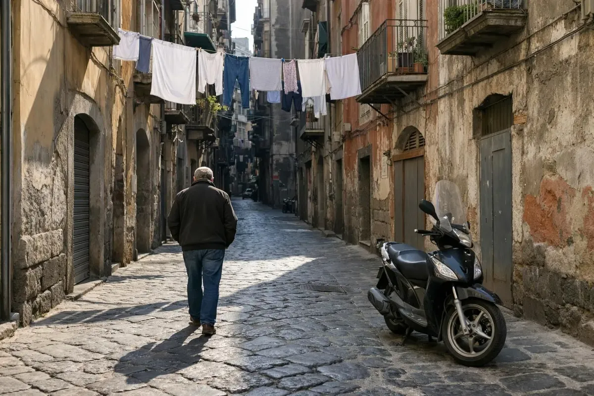 Rue pavée pittoresque du centre historique de Naples en hiver avec linge qui sèche entre les bâtiments colorés, scooter garé, soleil doux hivernal créant des ombres douces, ambiance locale authentique sans touristes