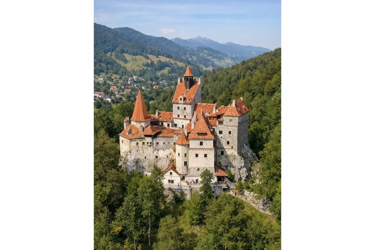 Majestic medieval castle nestled in lush, forested mountain landscape.
