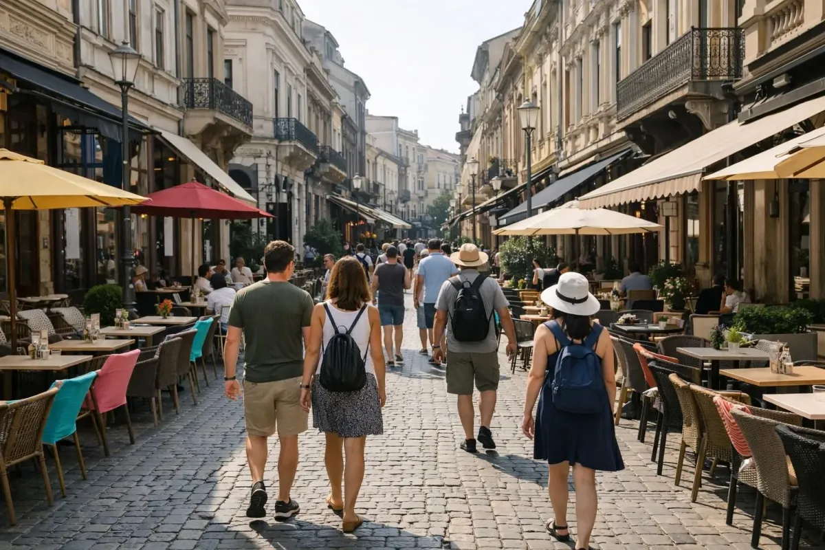 Rue pavée animée du quartier Lipscani à Bucarest avec terrasses de cafés colorées, façades historiques restaurées, touristes flânant sous le soleil matinal et enseignes traditionnelles