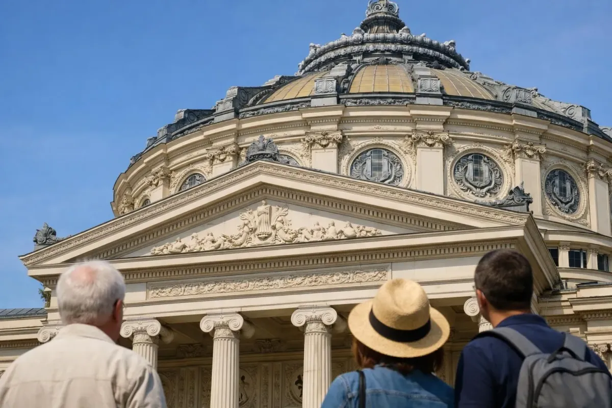 Façade majestueuse de l'Athénée roumain avec ses colonnes néoclassiques et dôme doré, des visiteurs se promenant devant l'édifice circulaire sous un ciel bleu, architecture Belle Époque avec escaliers monumentaux et ornements sculptés