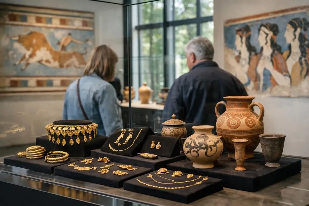 Museum interior with ancient minoan artifacts displayed in glass cases, golden jewelry and pottery on dark velvet, colorful restored frescoes on walls, natural light from windows, visitors observing exhibits in modern gallery space