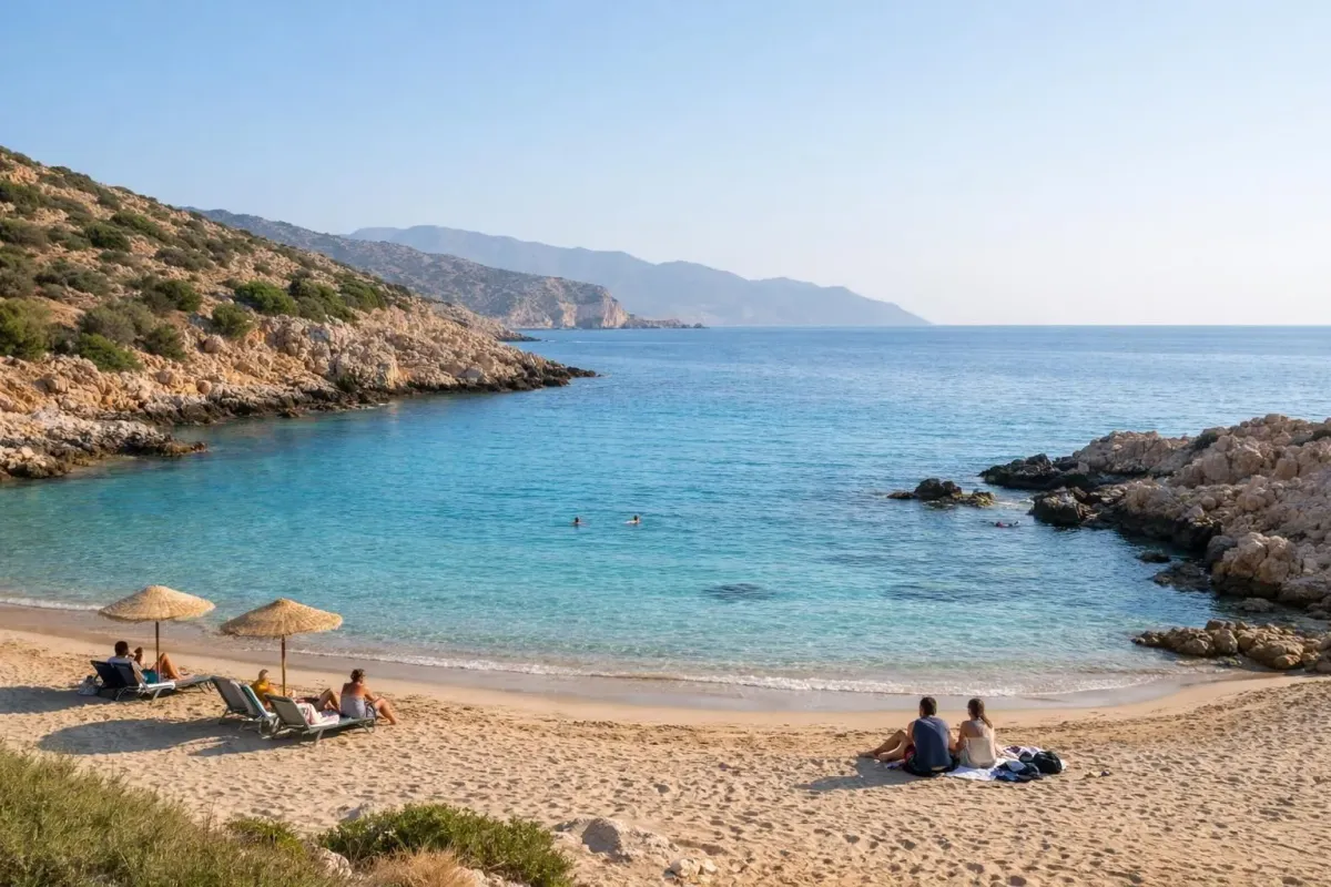 Scenic coastal beach with turquoise waters, rocky cliffs, and beachgoers.