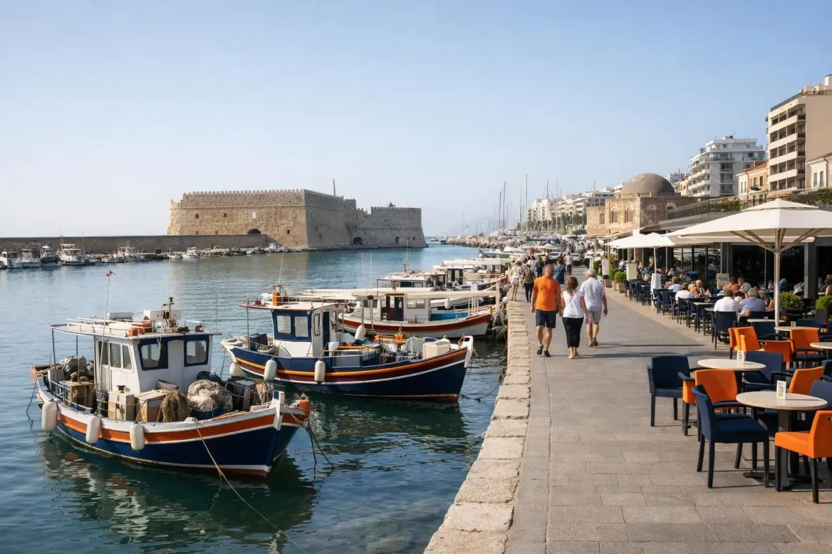 Vibrant morning scene at Heraklion's venetian harbor with fishing boats, locals walking along waterfront promenade, historic fortress in background, authentic Mediterranean coastal atmosphere with café terraces