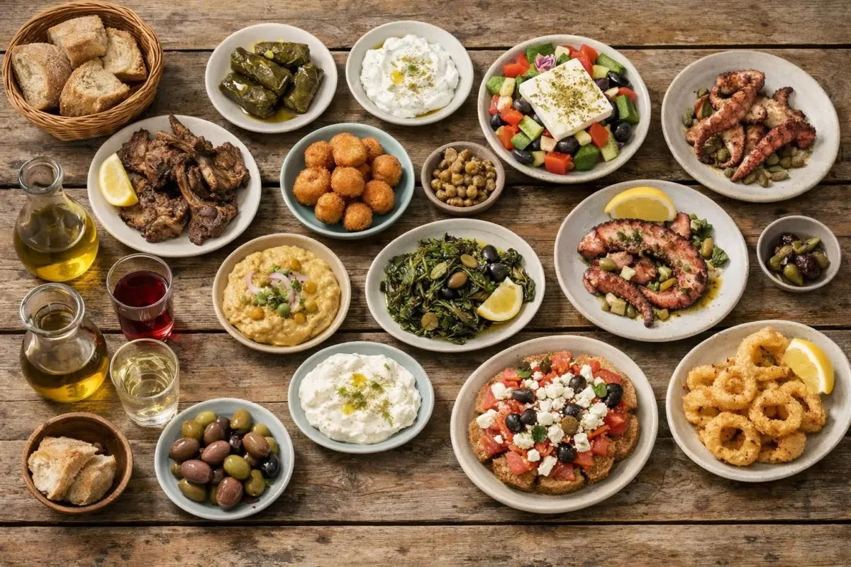 Assortment of traditional Greek and Mediterranean appetizers and dishes.
