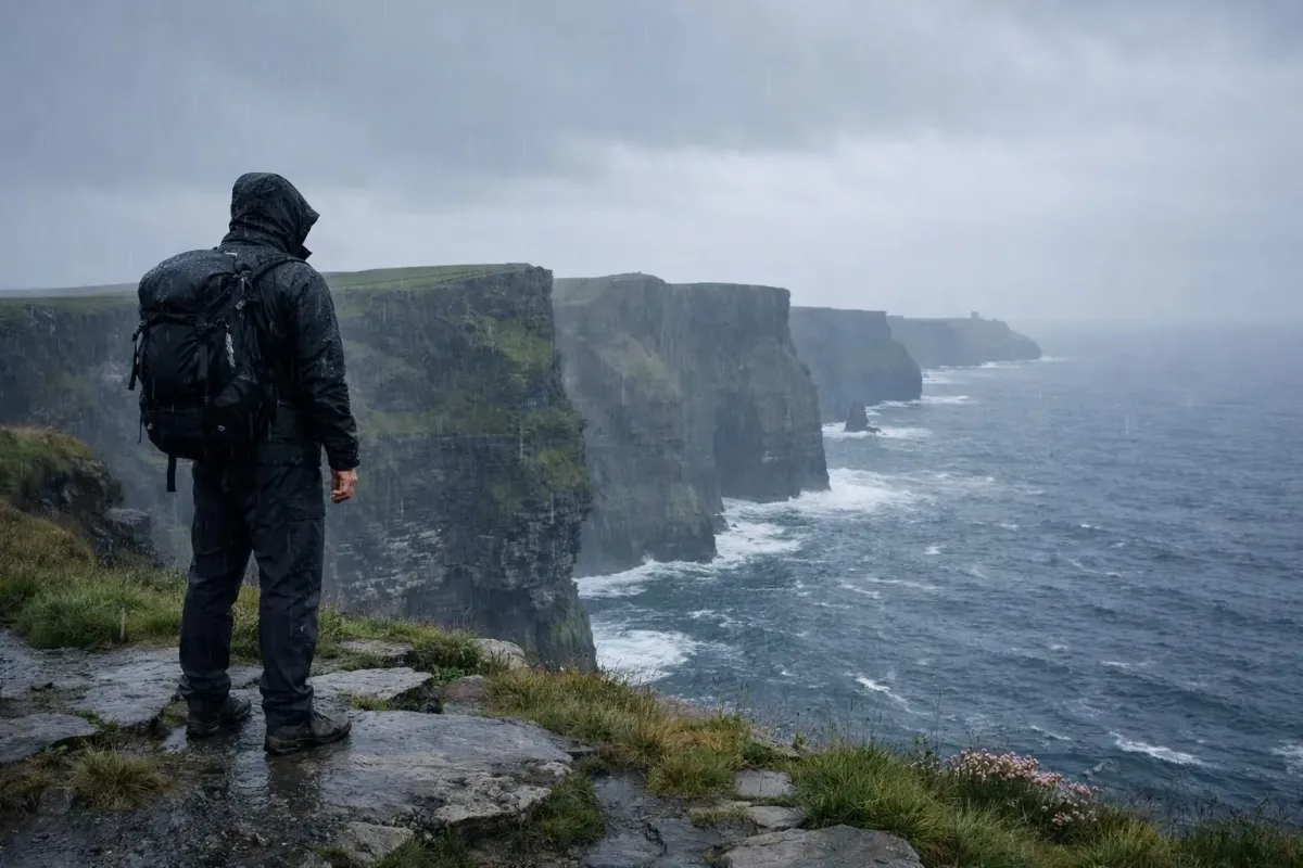 Lone hiker overlooking rugged, windswept cliffs along the Irish coast.