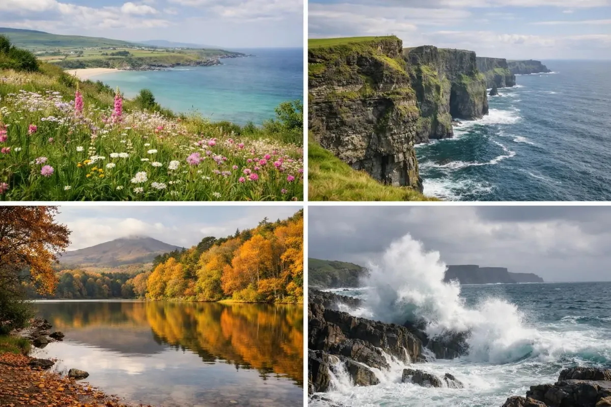 Split-screen collage showing four distinct Irish seasonal landscapes: vibrant spring wildflowers covering rolling green hills, lush summer cliffs with clear blue skies, golden autumn foliage along countryside paths, and dramatic winter coastal waves crashing against rocky shores under grey clouds, realistic photography style capturing the essence of Ireland's changing climate throughout the year for travel planning