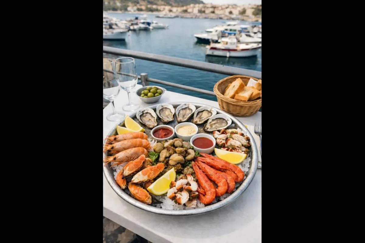 Seafood platter with oysters, shrimp, and assorted sauces, overlooking a harbor.
