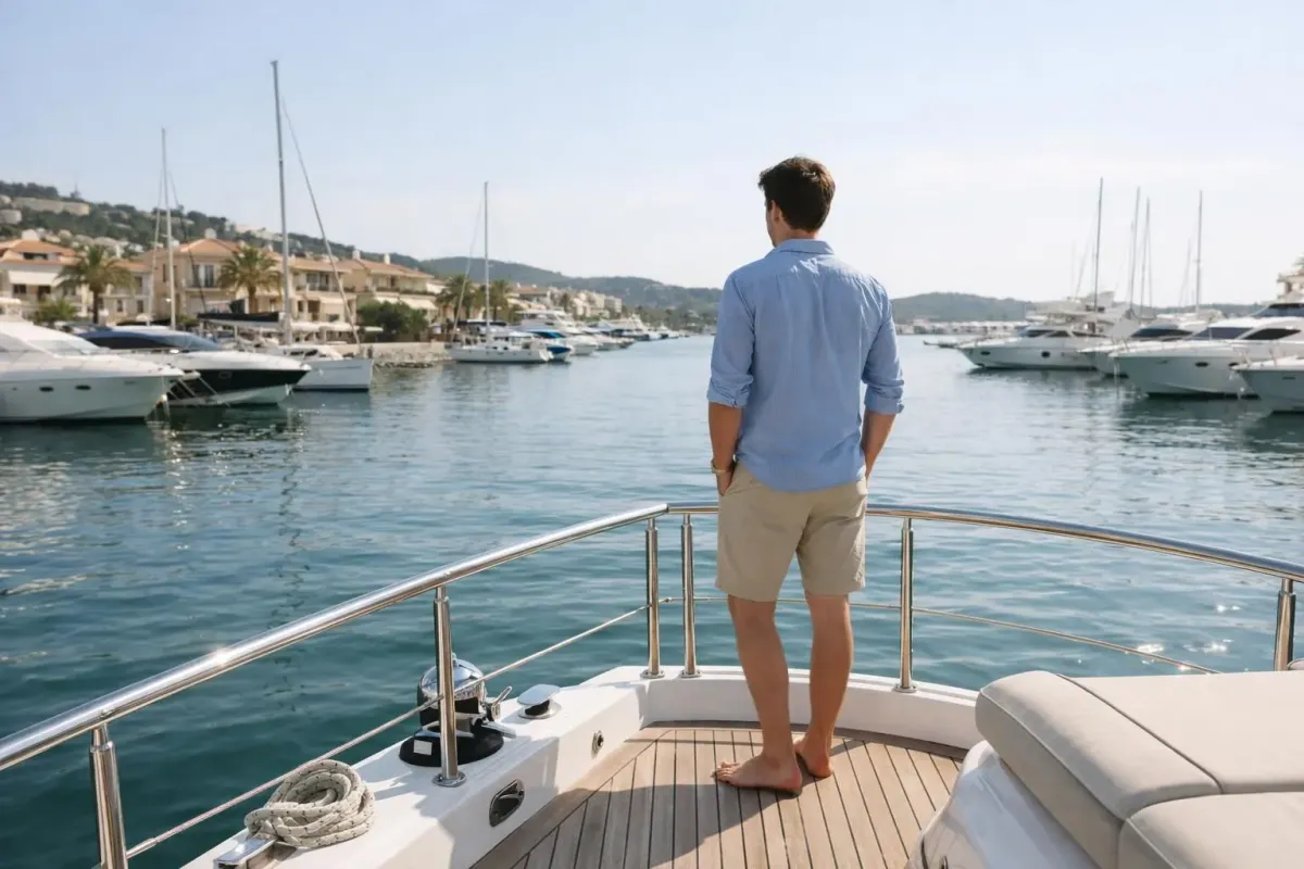 A person standing on the deck of a yacht, overlooking a harbor.