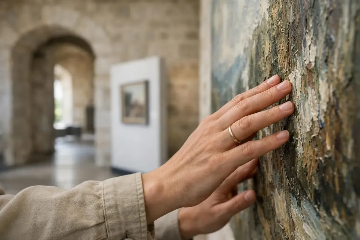 Interior view of a historic Mediterranean castle museum with visitors admiring large colorful paintings on white walls, natural light streaming through tall windows overlooking the sea, stone architecture blending with modern exhibition spaces, people pointing at artworks