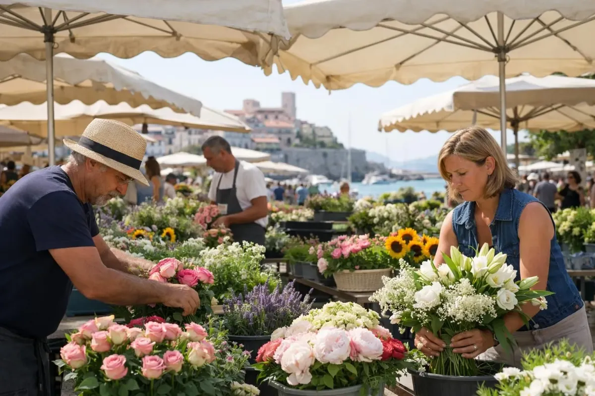 A bustling Provençal outdoor market in Antibes early morning, with colorful fruit and vegetable stalls, local vendors arranging fresh flowers, tourists browsing artisan cheeses and olives, Mediterranean sunlight filtering through market umbrellas, authentic French coastal town atmosphere