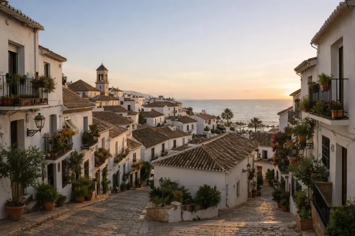 Golden hour view of Marbella's old town with whitewashed buildings, narrow cobblestone streets, colorful flower pots on balconies, and glimpses of the Mediterranean sea in the background, warm sunlight casting soft shadows