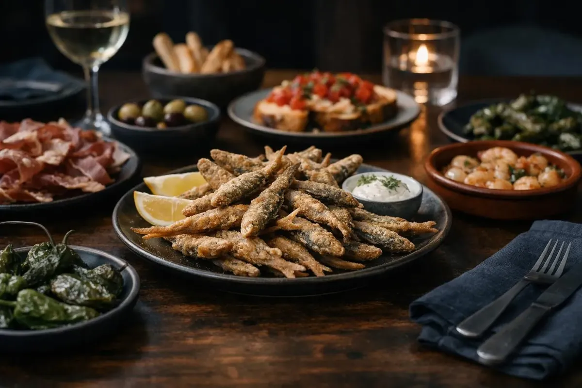 Fried fish, olives, salad, wine glasses, and other Mediterranean dishes.