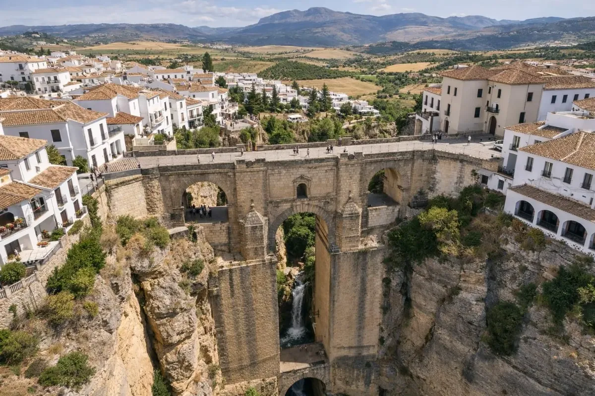 Picturesque town nestled in rugged mountains, with historic stone bridge.