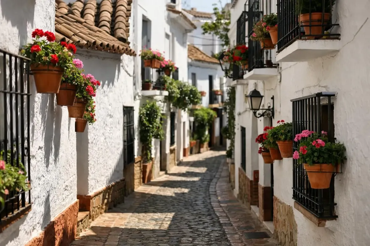 Sunlit narrow cobblestone street in Marbella's Casco Antiguo with traditional white-washed walls, vibrant geranium flower pots hanging from wrought iron balconies, terracotta roof tiles, warm afternoon light casting geometric shadows