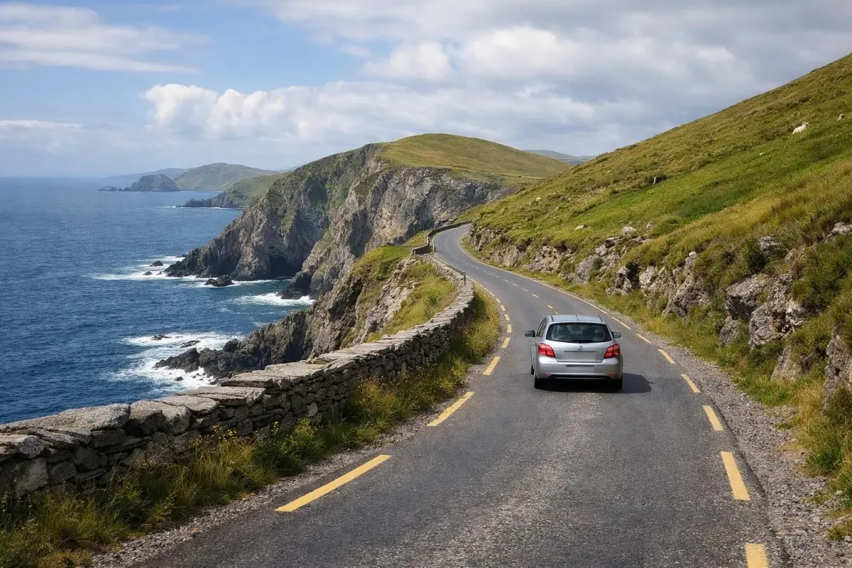 Route côtière sinueuse du Ring of Kerry avec falaises dramatiques de l'océan Atlantique, paysages verdoyants et voiture isolée sous ciel partiellement nuageux