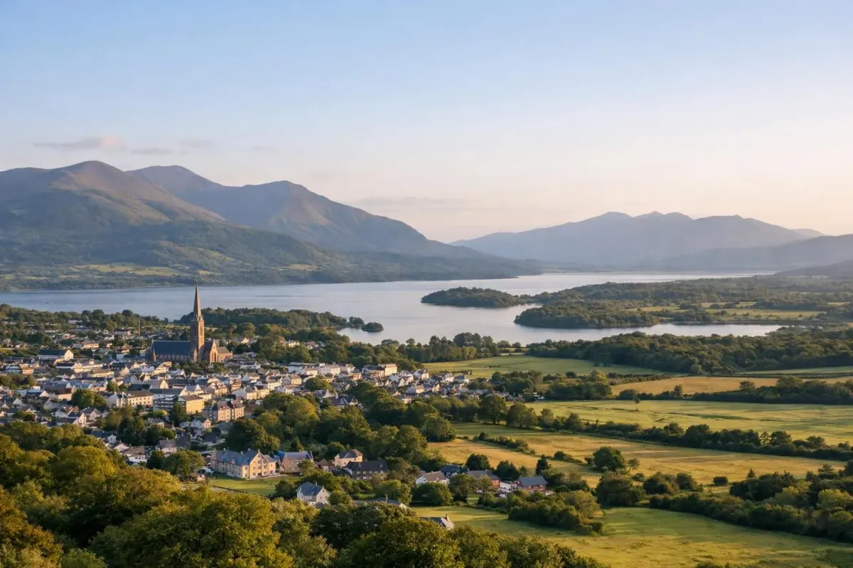 Vue aérienne de Killarney entre montagnes verdoyantes et lacs cristallins, avec ses bâtiments historiques et la campagne irlandaise s'étendant vers la côte sauvage