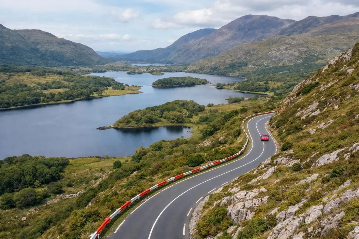 Paysage montagneux pittoresque avec route sinueuse et lacs sereins à Killarney