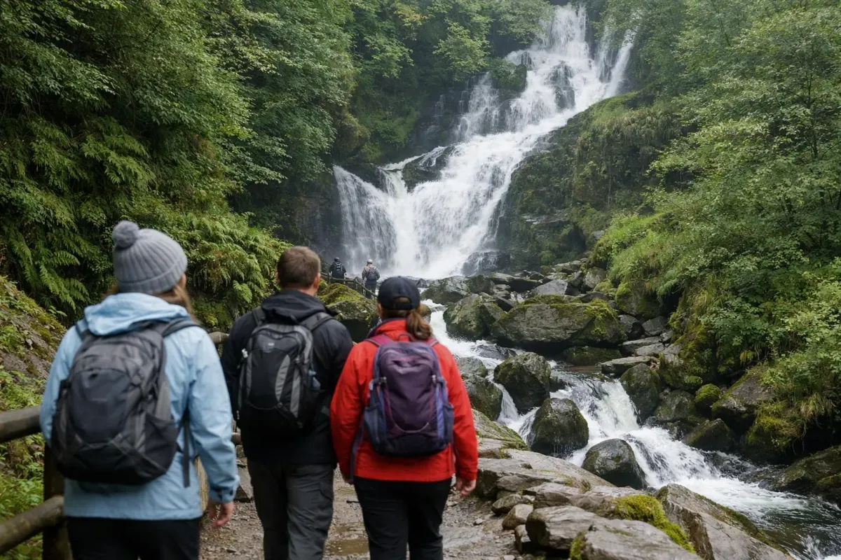 Cascade de Torc s'écoulant à travers la forêt luxuriante du parc national de Killarney, rochers couverts de mousse et randonneurs sur le sentier
