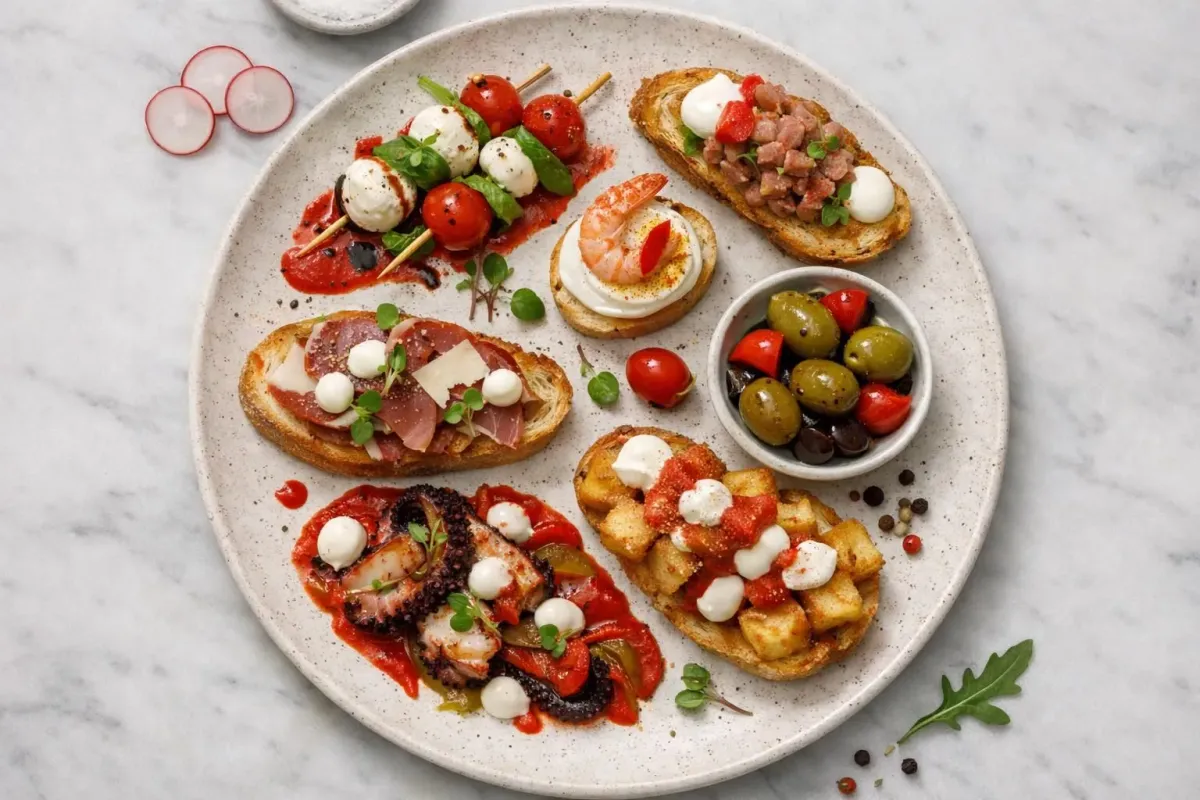 Assorted Mediterranean-style appetizers on a marble background.