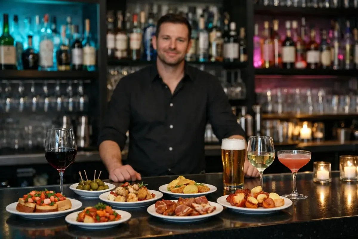 A bartender standing behind a bar with various drinks and appetizers.