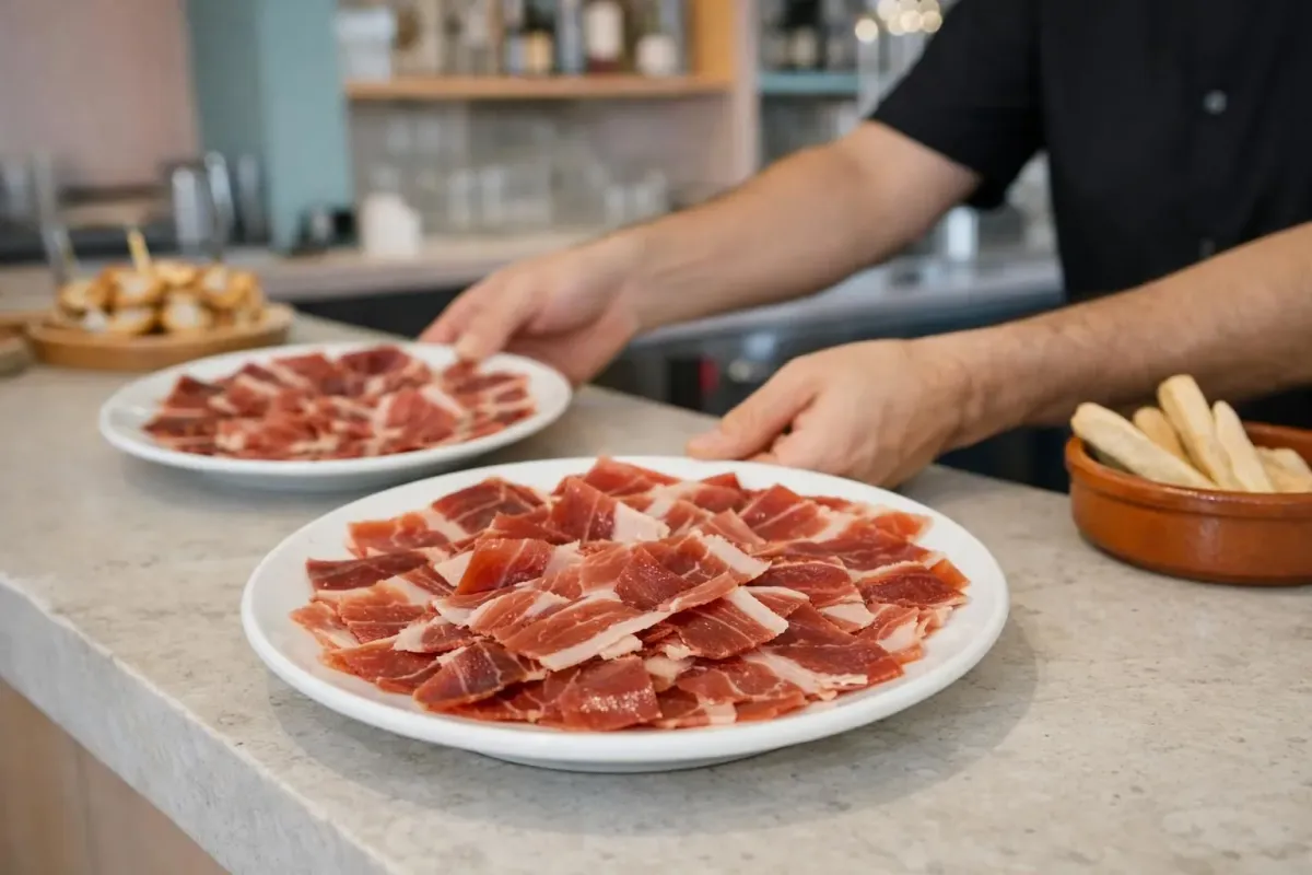Sliced cured meat, appetizer platter, wooden table, kitchen setting.