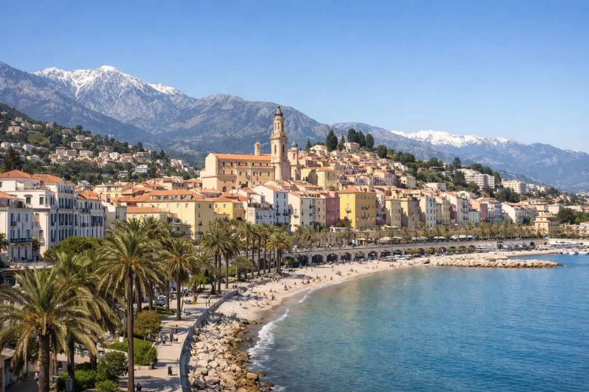 Panoramic view of Menton's pastel-colored old town cascading down to the Mediterranean, with Belle Époque architecture, palm trees lining the waterfront promenade, and the Italian Alps visible in the background under brilliant sunshine