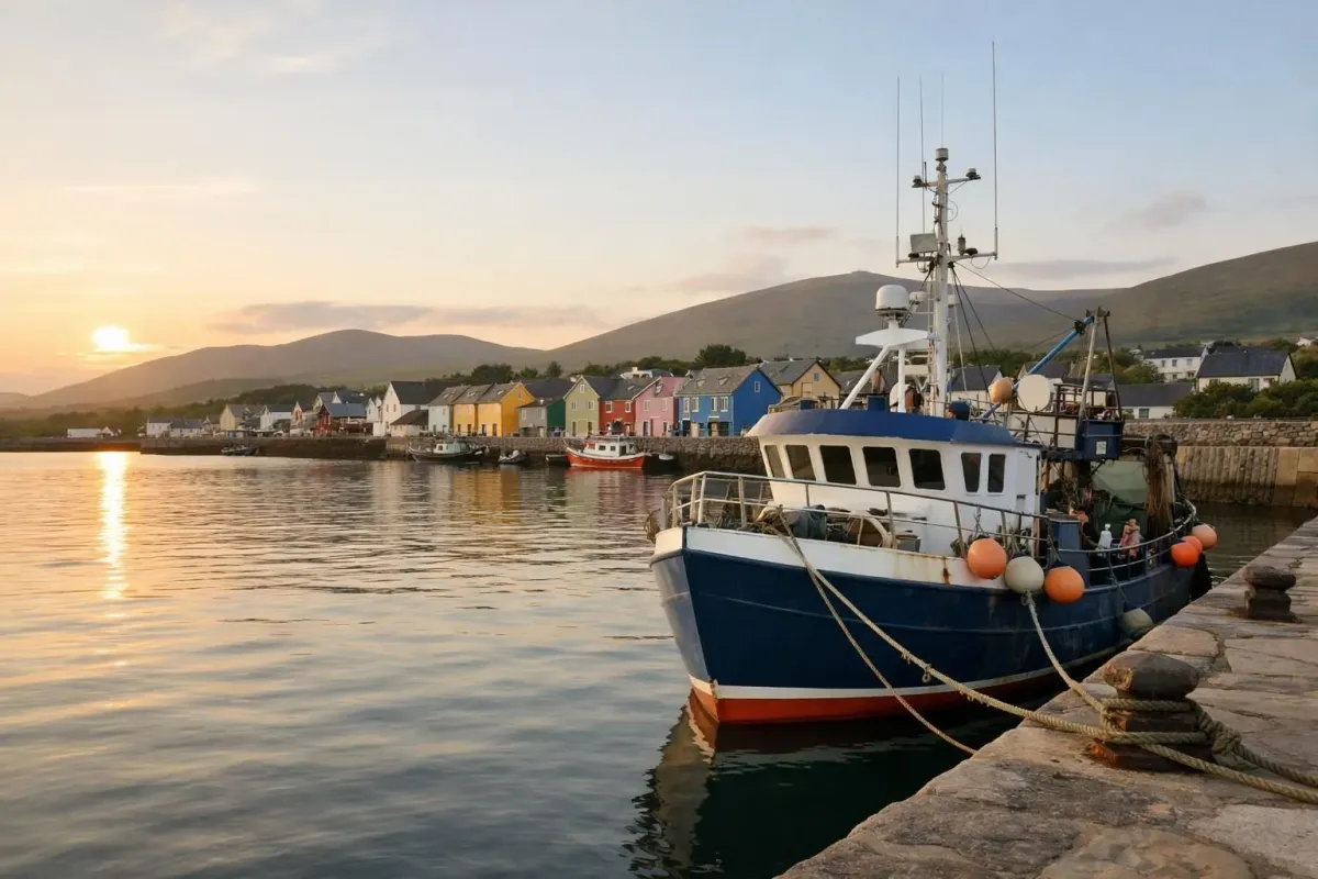 A traditional Irish fishing boat moored in Dingle harbor at golden hour, with colorful waterfront houses and mountains in the background, capturing the authentic coastal charm of this Irish-speaking community. Realistic travel photography style showing what visitors experience when exploring the Dingle Peninsula.