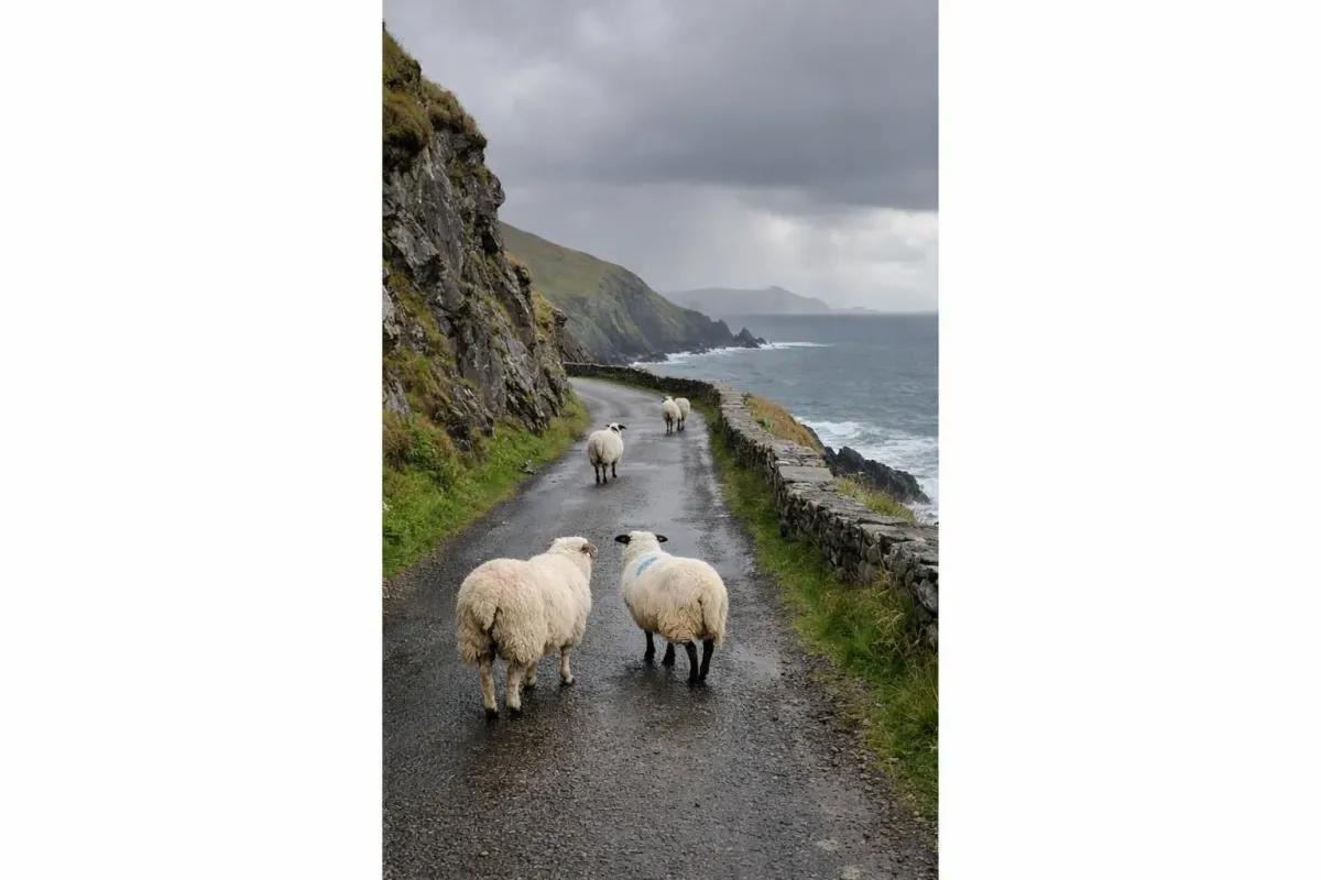 Sheep grazing along a coastal path with rocky cliffs.