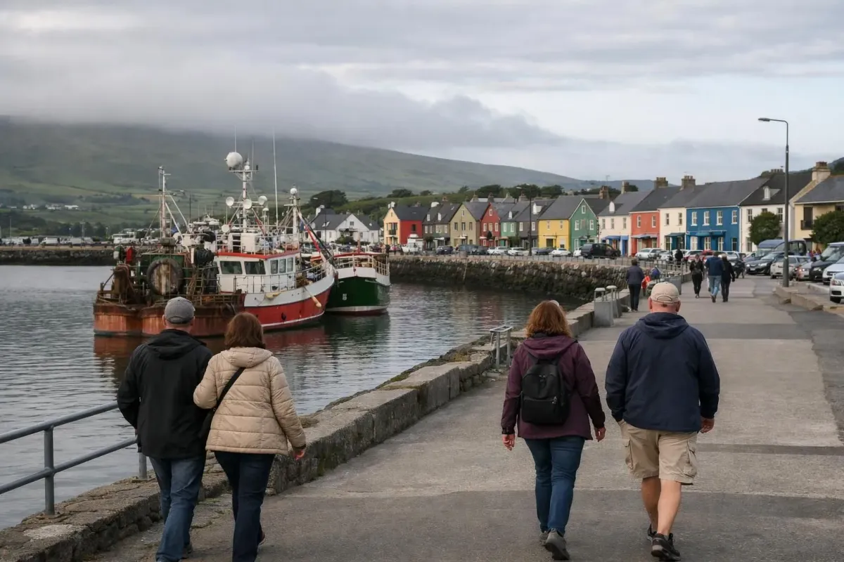 Vue du port coloré de Dingle avec ses bateaux de pêche traditionnels et ses façades aux tons vifs, des touristes se promenant le long du quai sous un ciel matinal irlandais, style photographique naturel capturant l'atmosphère authentique d'une matinée dans ce village côtier