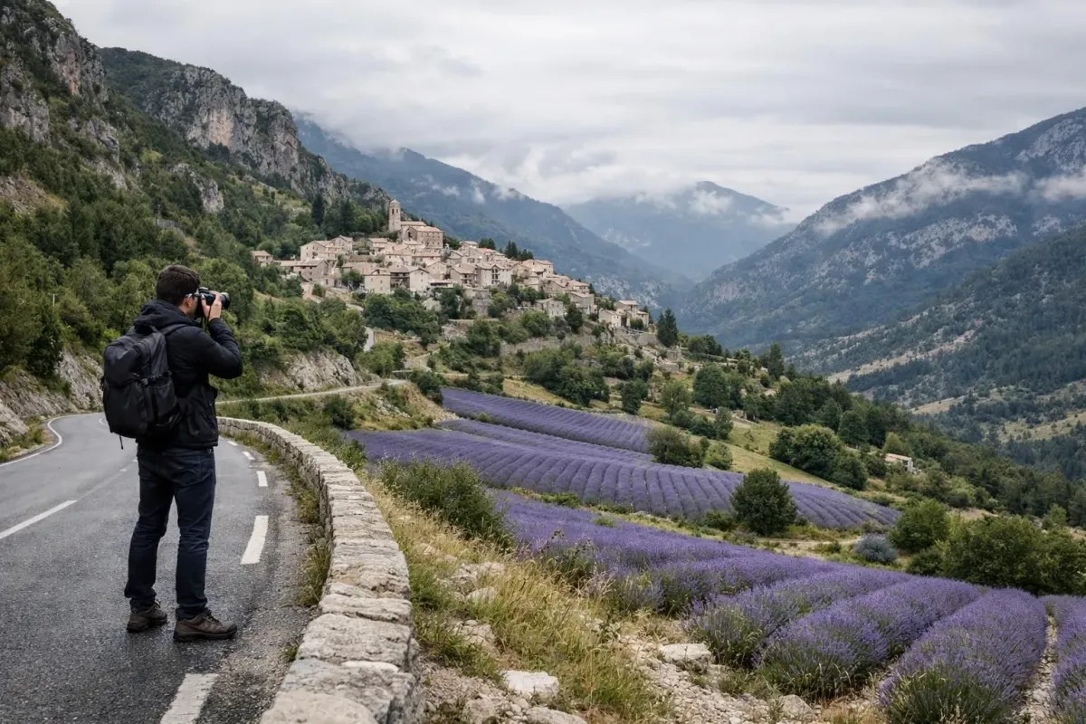 Scenic mountain village surrounded by lavender fields and rugged terrain.