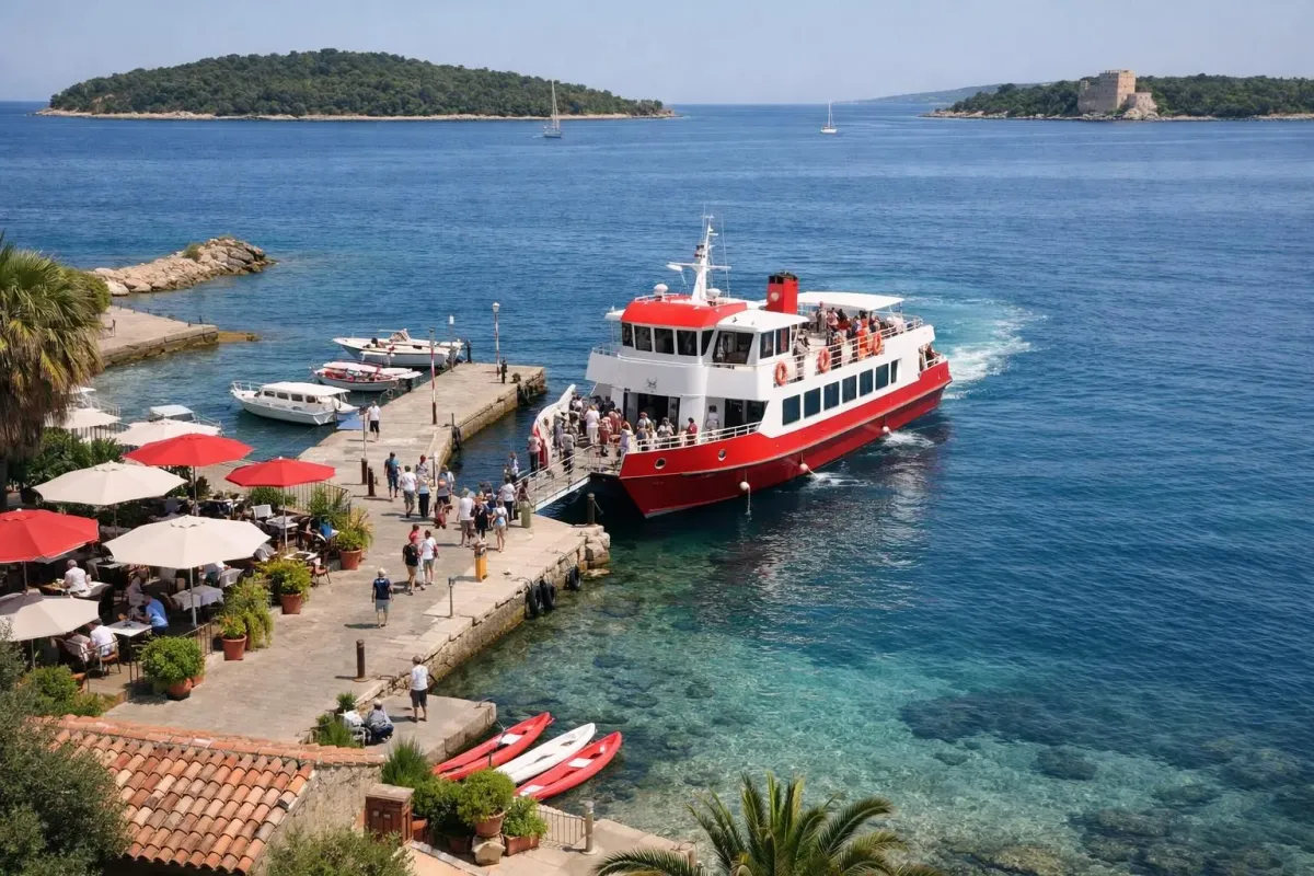 Scenic coastal harbor with boats, tourists, and vibrant red ferry.