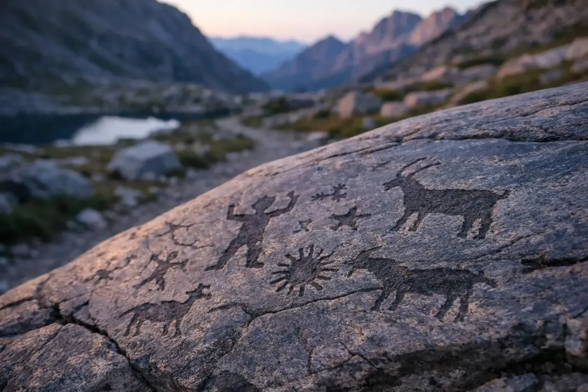 Carved petroglyphs on rock against mountainous landscape backdrop.
