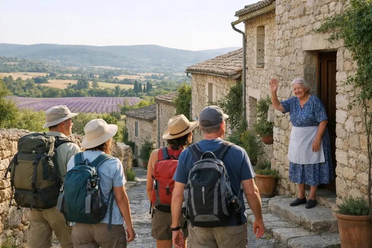 Small group of travelers walking through a quiet Provençal hilltop village with stone houses and narrow streets, local elderly woman greeting them, lavender fields visible in valley below, morning light casting warm glow, authentic French countryside atmosphere