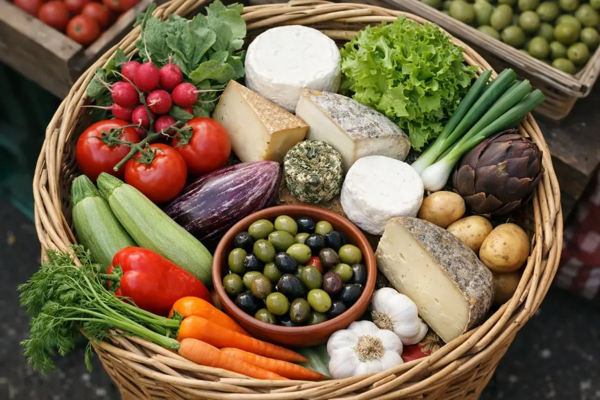 Basket filled with fresh, colorful vegetables and artisanal cheeses.