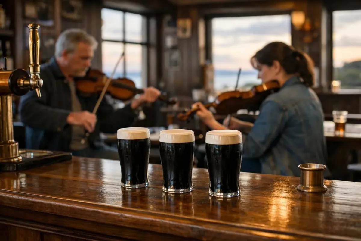 Three pints of dark beer on a wooden bar, with two musicians playing violins in the background.