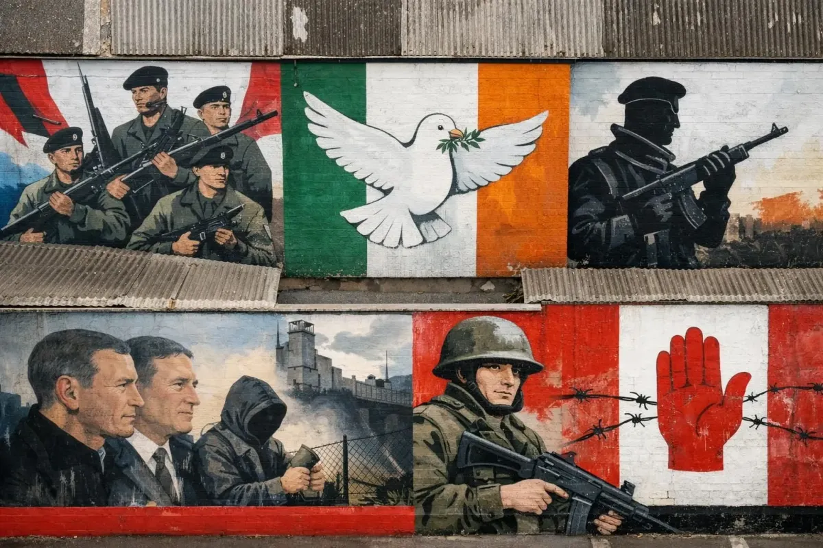 Mural depicting Irish republican symbols, soldiers, and barbed wire.