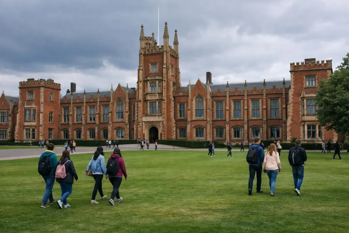 Ornate Gothic-style university building with students walking on campus.