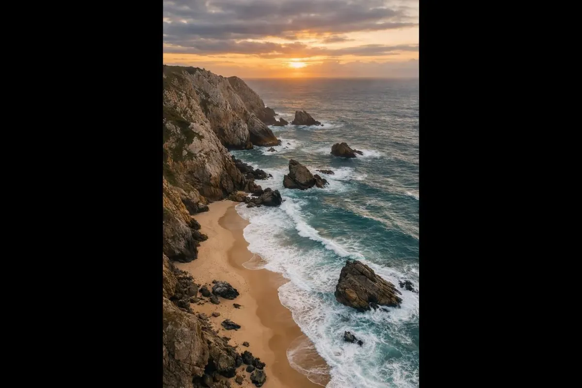 Dramatic rocky coastline, crashing waves, and vibrant sunset sky.