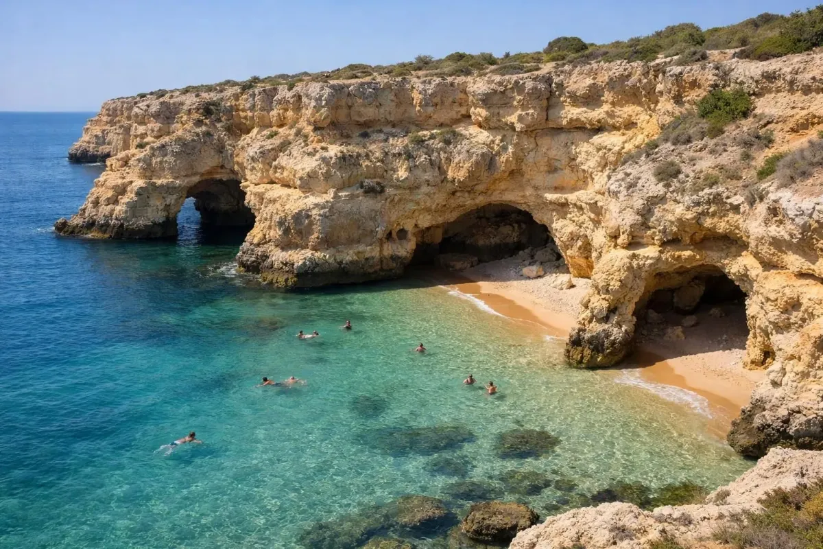 Stunning Algarve coastal view with golden limestone cliffs dropping into crystal-clear turquoise Atlantic waters, hidden cove with pristine sand beach visible below dramatic rock formations, natural caves carved into ochre-colored cliffs, warm Mediterranean light illuminating the scene, people swimming in the transparent water, authentic Portuguese coastal landscape without any text or signage