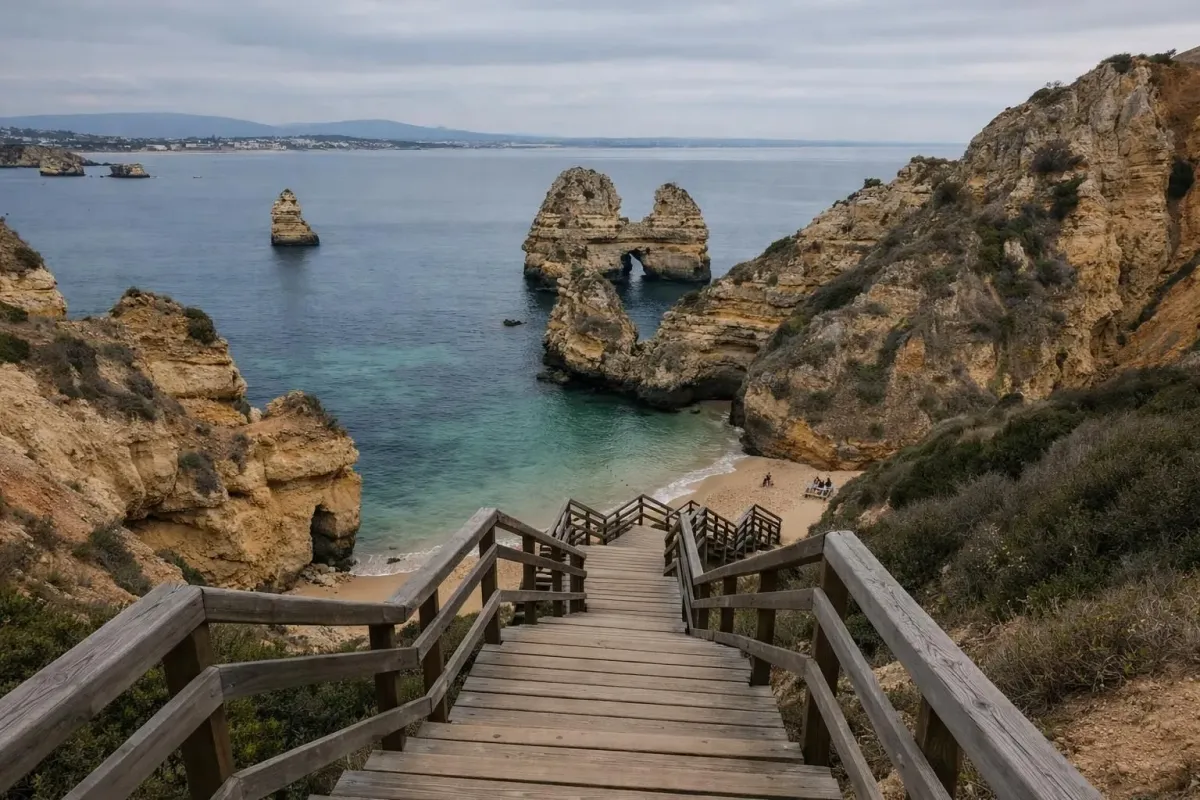 Scenic coastal landscape with rocky cliffs, turquoise waters, and wooden stairs.