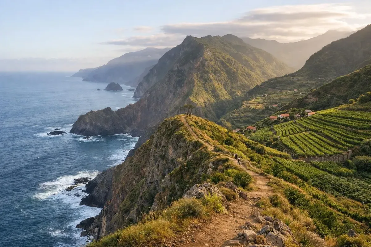 Dramatic coastal cliffs of Madeira island with lush green mountains meeting the Atlantic Ocean, golden sunset light, hiking trails visible along the ridges, terraced vineyards on hillsides