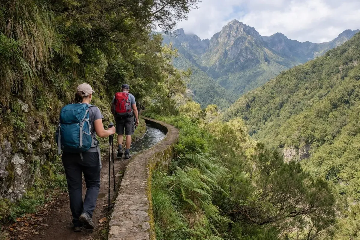 Hikers walking along levada irrigation channel through lush green forest with mountain peaks in background, authentic travel photography style showing madère's natural beauty and outdoor adventure opportunities