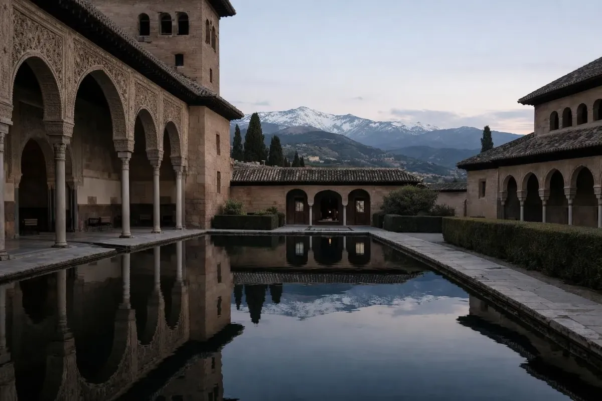 Ornate Moorish-style architecture, reflecting pool, snow-capped mountains in the distance.