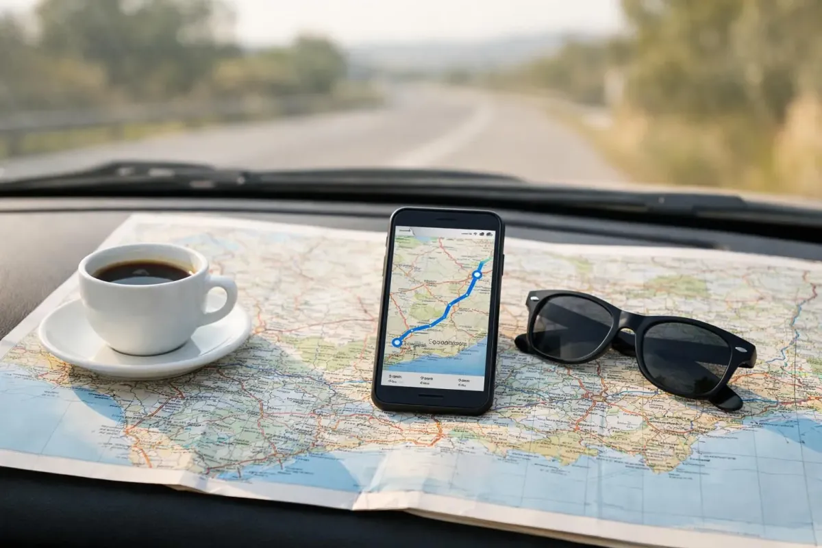 Road map of Andalusia spread on car dashboard with smartphone GPS navigation app showing route between Seville and Granada, coffee cup and sunglasses beside it, morning light through windshield, travel planning concept